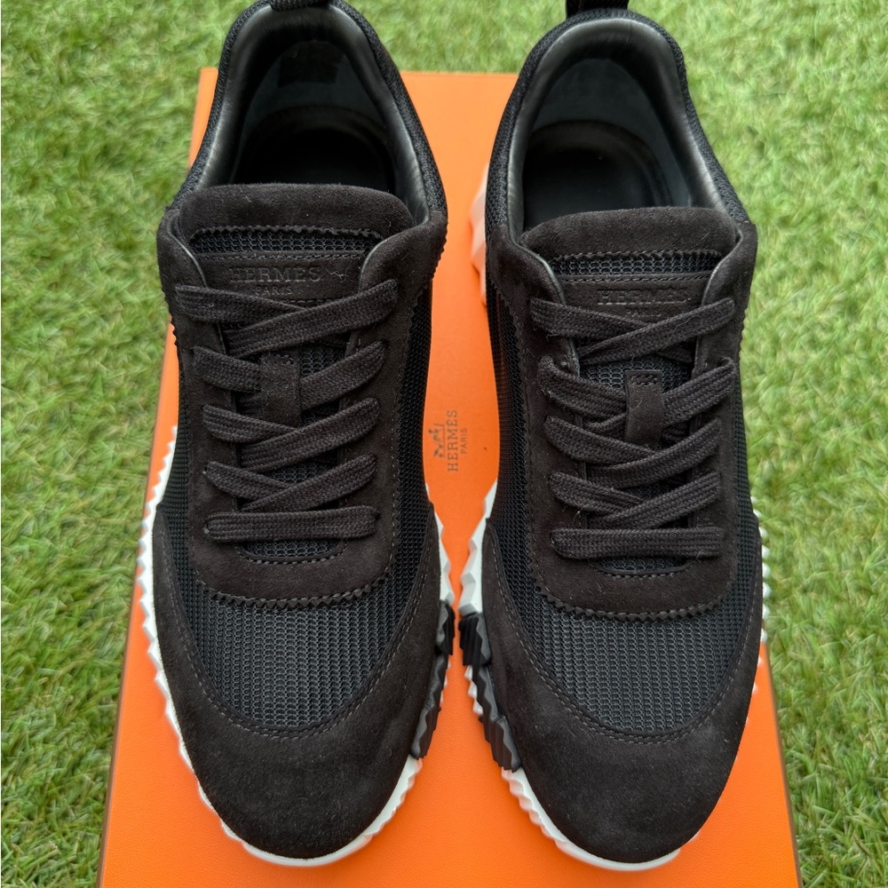 HERMES BOUNCING BLACK MESH/ SUEDE WHITE SOLE TRAINERS FASHION SNEAKERS SIZE 38 - Picture 4 of 11
